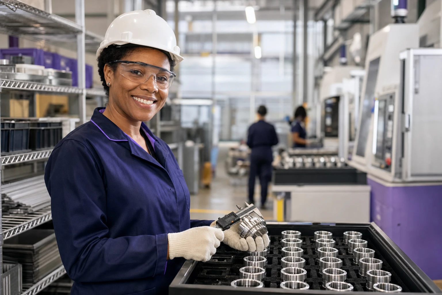 Profissional sorrindo em uma linha de produção industrial