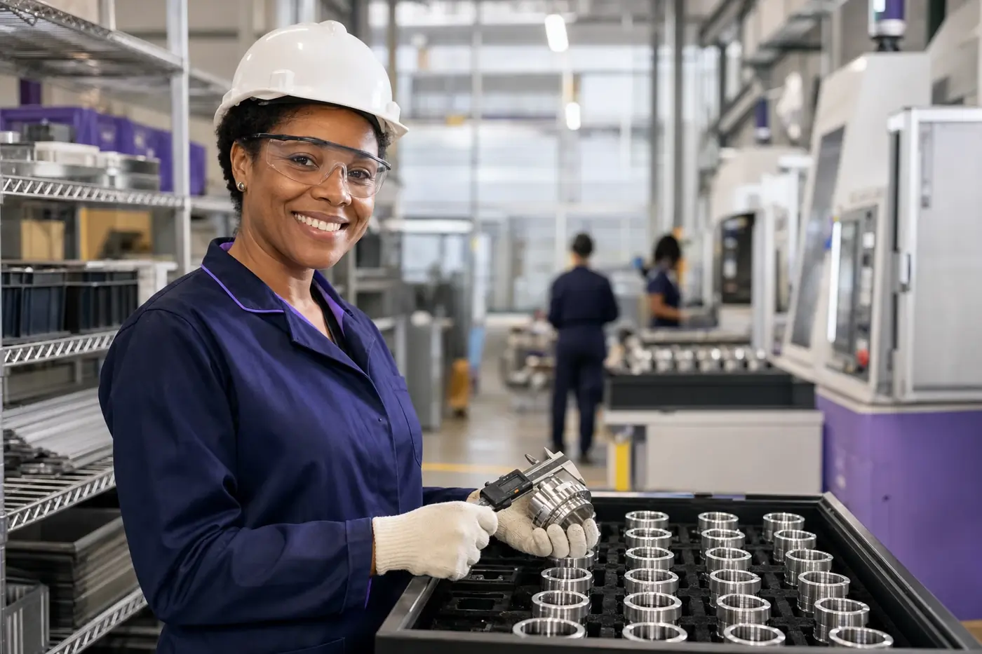 Profissional sorrindo em uma linha de produção industrial
